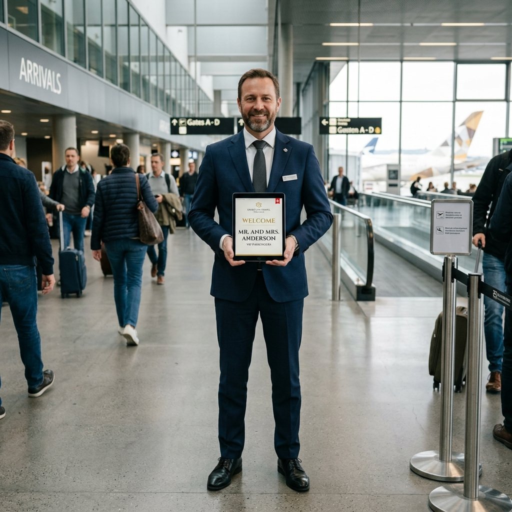 Chauffeur privé VTC accueillant des voyageurs avec une pancarte à l'aéroport de Paris CDG