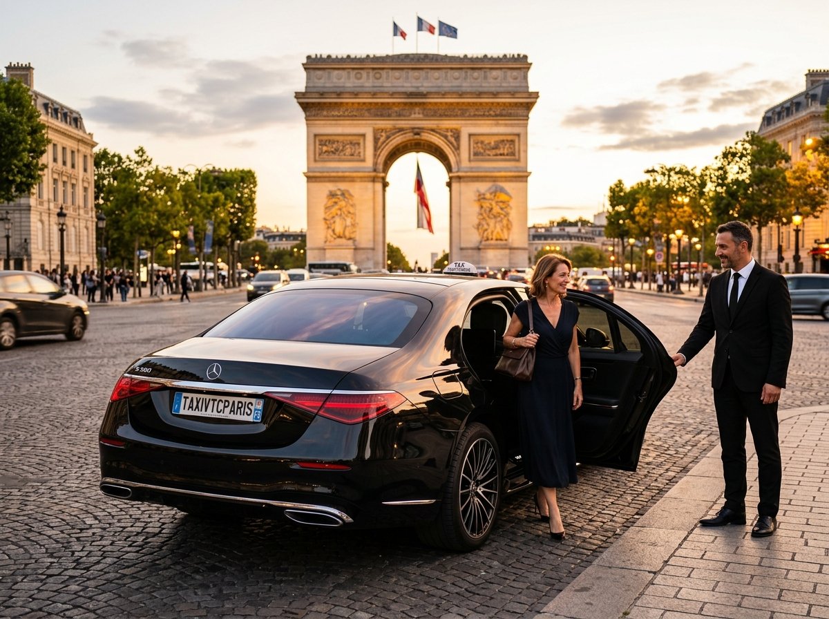 🏆 Chauffeur Privé Berline Mercedes — Arc de Triomphe & Champs-Élysées en Toute Élégance 🇫🇷 avec plaque officielle TAXIVTCPARIS