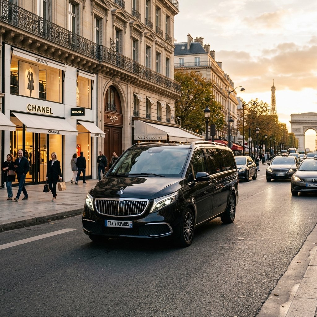 Mercedes Classe V noire van de luxe VTC garée près de la Tour Eiffel à Paris