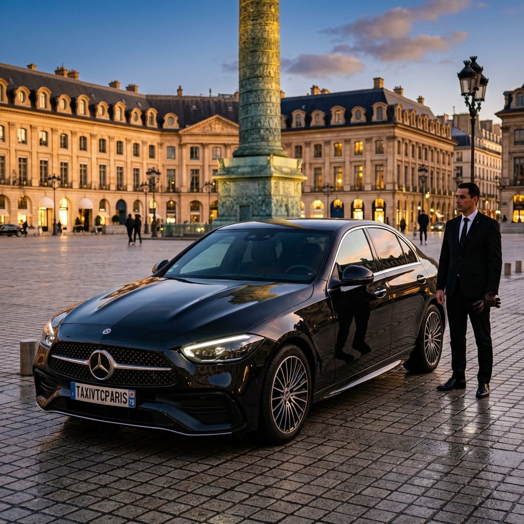 Chauffeur privé de prestige ouvrant la portière à Paris de nuit devant la Tour Eiffel