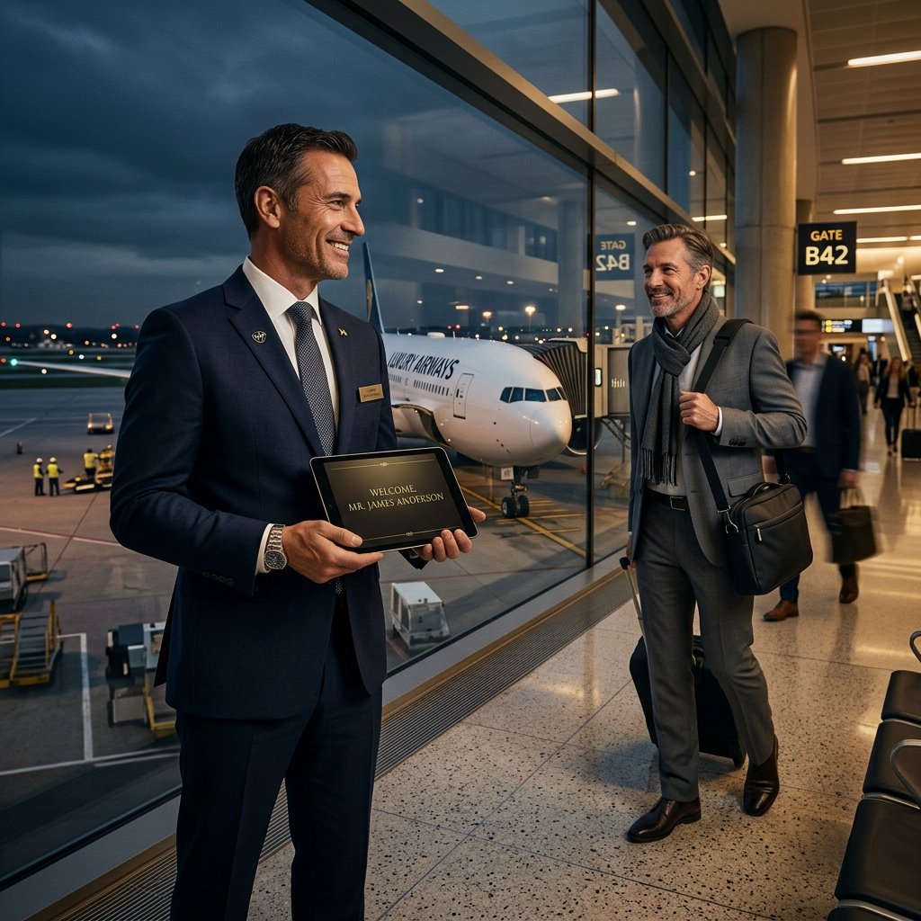 Chauffeur VIP Greeter accueillant un voyageur d'affaires en costume à la sortie de la passerelle d'avion à Paris